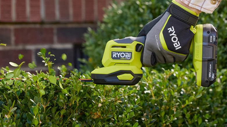 A person using Ryobi's 18V One+ HP Compact Brushless Shear/Shrubber