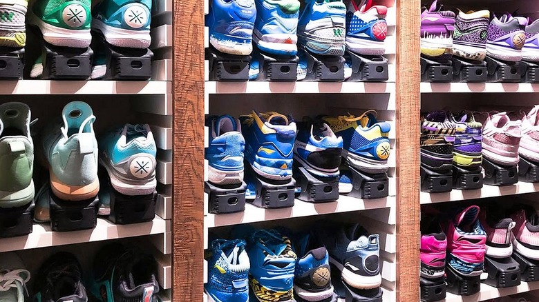 Color coded shoe shelf.