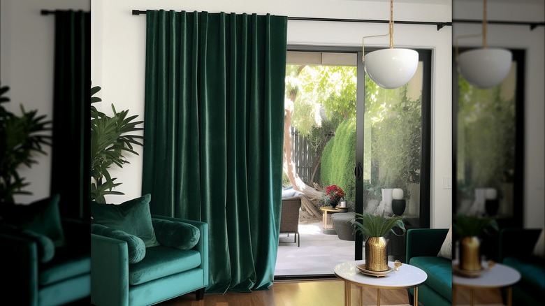 Green velvet curtains on a sliding glass door in living room leading to patio