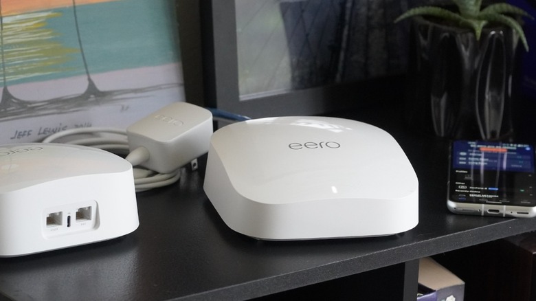 Eero system installed on a counter