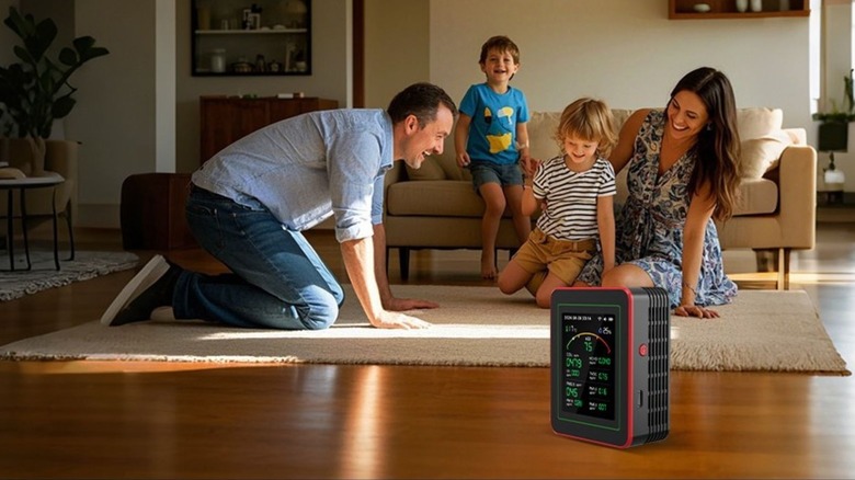 Family sitting in the floor playing with their children with the monitor in the foreground