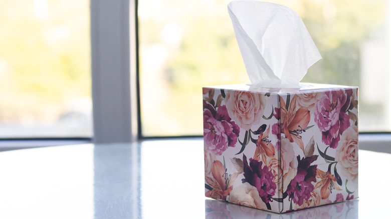 Floral tissue box on table