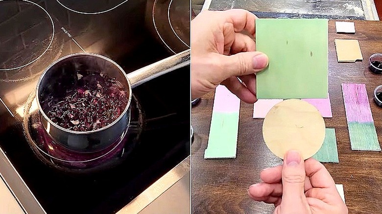 Split image of boiling red cabbage in a pot on a stove, and a close-up of a person holding up examples of a stained green color with color examples seen on the table below