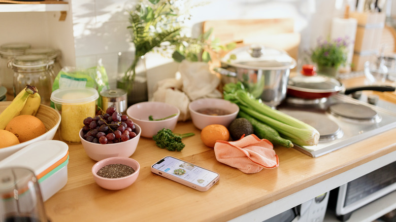 Cluttered kitchen countertop with lots of ingredients