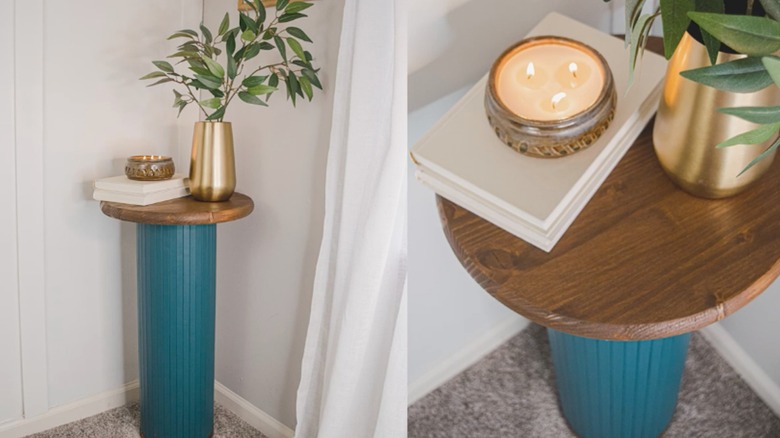A split image of a DIY fluted wood side table.