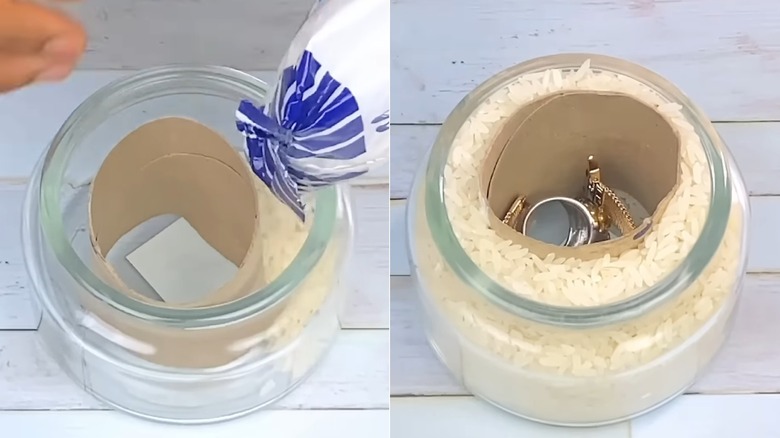 Split image showing the jar being filled with rice on the left and the completed jar with jewelry inside the tube on the right