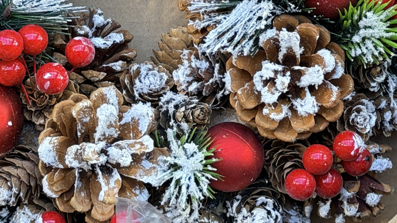 Frosted pinecones and red berries up close