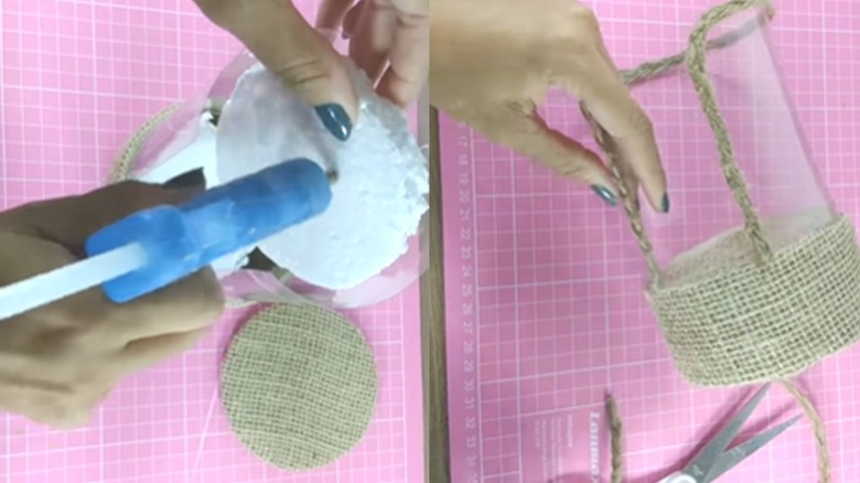 images of demonstrator adding glue and attaching twine to design
