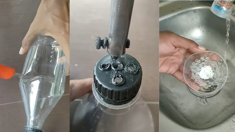 Three images showing how to turn a plastic bottle into a sink strainer.