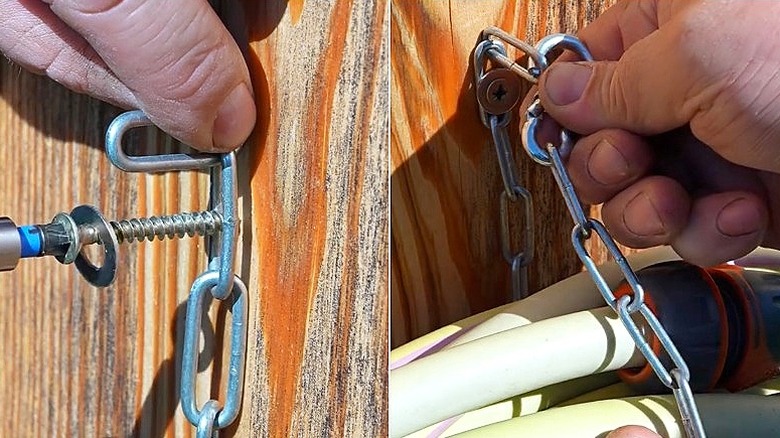 Split image of hands attaching a chain to a wood wall with a screw and a chain looped over a coiled hose locking it in place for storage