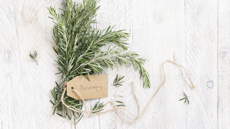 Fresh green sprigs of rosemary tied to a gift tag