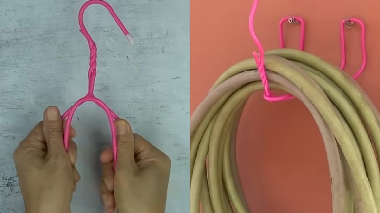 Split image showing hands bending a pink wire hanger into a wall-mounted hose storage rack.