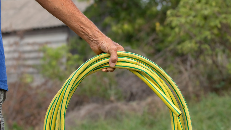 Yellow garden hose for watering.A man holds a garden hose in his hand, going to water the garden.