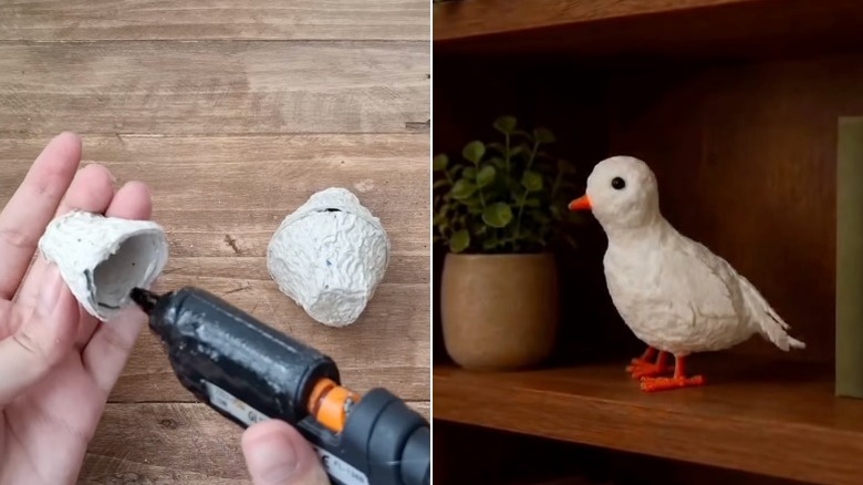 A person applies hot glue to an egg carton cone and a dove crafted from egg cartons sits on a bookshelf.