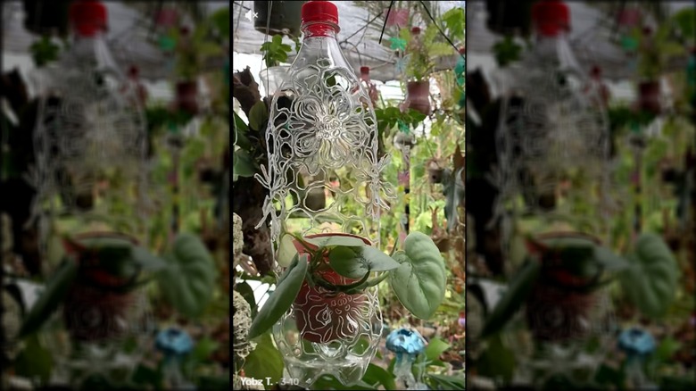 Floral design on a plastic bottle hanging planter