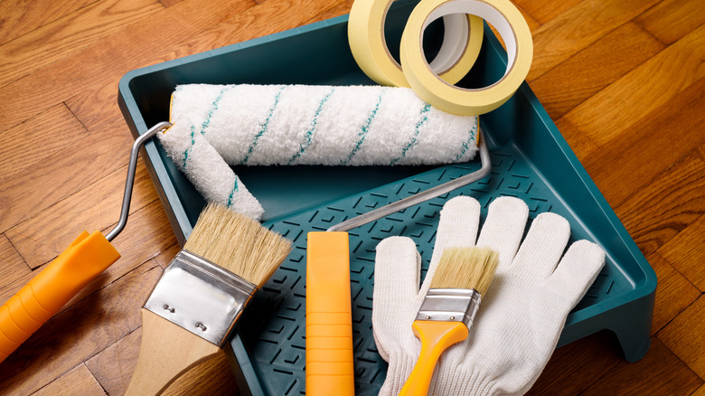 Paint supplies in a painting tray