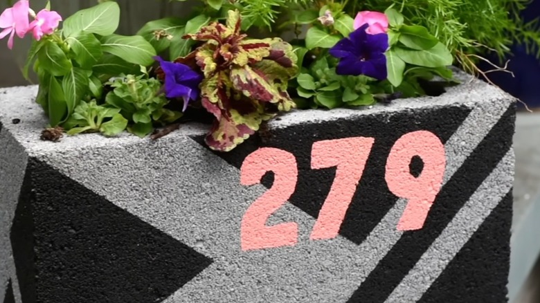 A cinder block painted with gray triangles and lines and the numbers "279" in peach paint house small flowering plants.