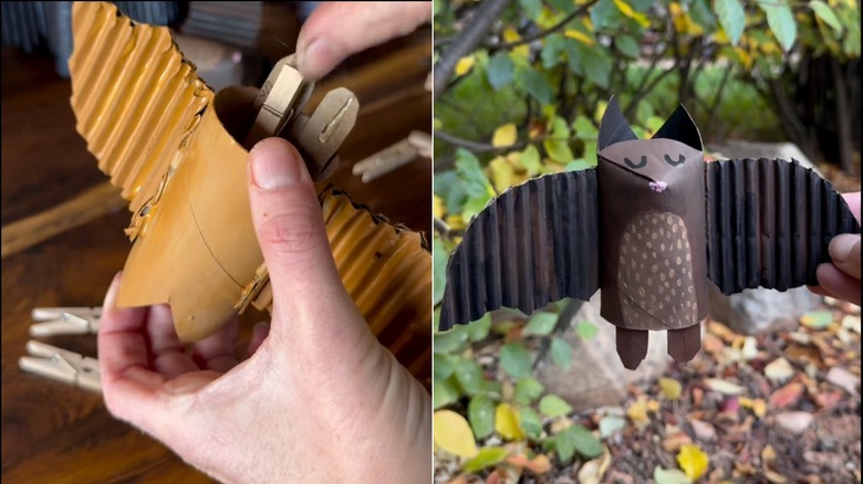 Split image with hands attaching clothespins to the bat craft's feet and a picture of the finished bat
