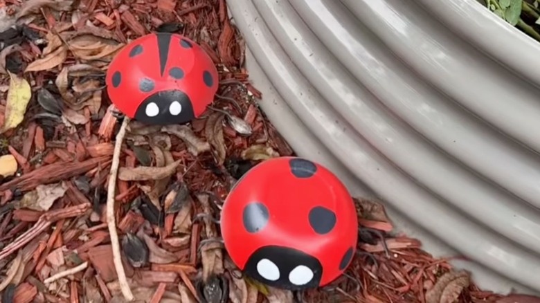 DIY concrete ladybugs in a yard
