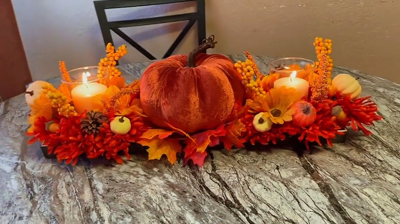Finished autumn centerpiece made from Dollar Tree serving trays