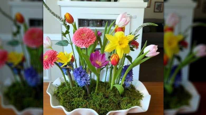 floral centerpiece styled in a serving dish