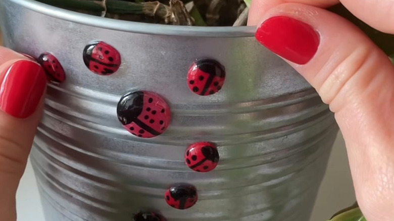 Mini ladybugs glued to a metal planter pail