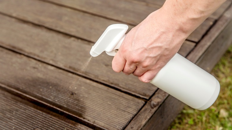 person spraying patio floor