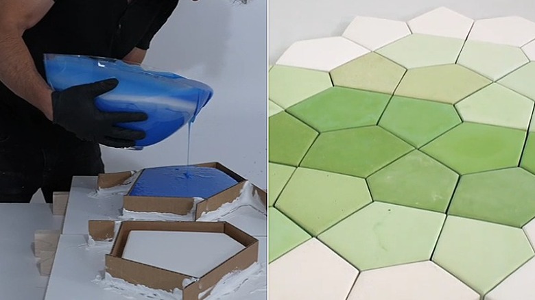 Split image showing the pouring of the silicone on the left and part of final paver design on the right