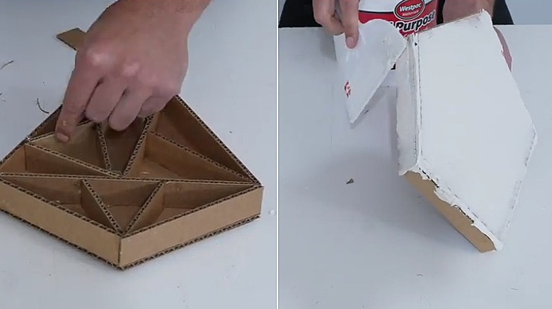 Split image showing the process of putting together the cardboard on the left and covering the template with spackling on the right