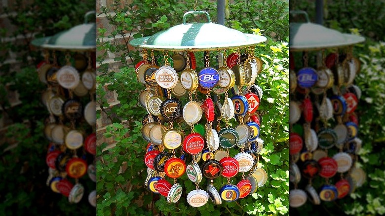 Final look of bottle cap chime with pot lid