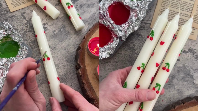 Plain candlesticks painted with melted crayon wax