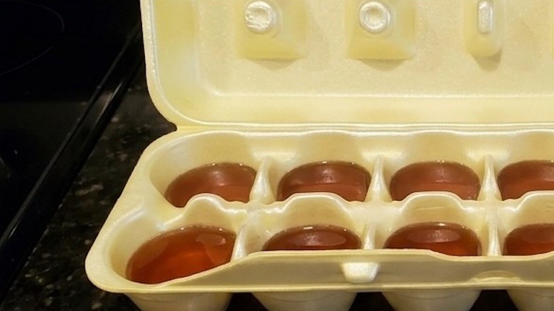 Cooled bacon grease in plastic egg carton cups ready to go into the freezer.