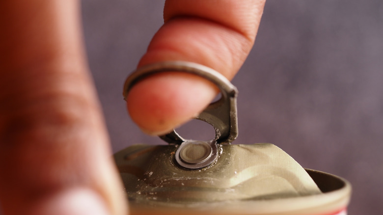A hand opens a pull tab can of food.
