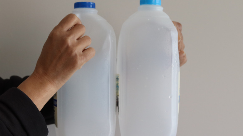 Hands holding empty milk jugs side by side