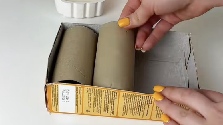 Placing toilet paper roll tubes inside of a baking soda box.