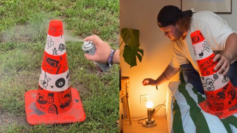 images of demonstrator painting the cone and then adding it to lamp base