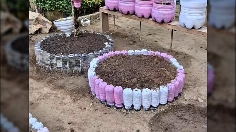 DIY raised garden bed make using water bottles painted pink and white
