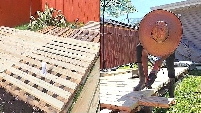 Split image of deck planks on pallets and demonstrator cutting them to size