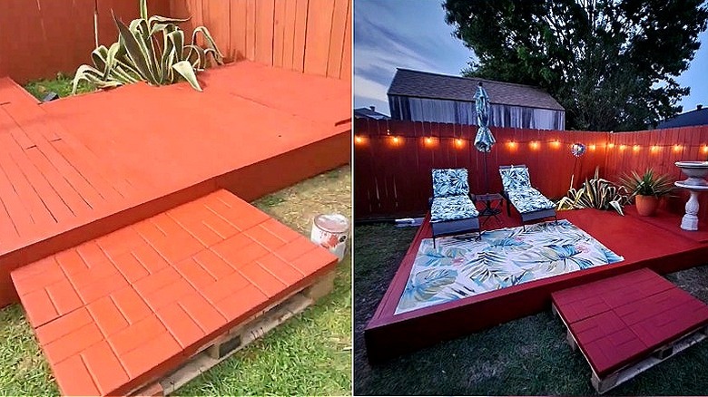 Split image of the final pallet-patio look before and after furniture addition