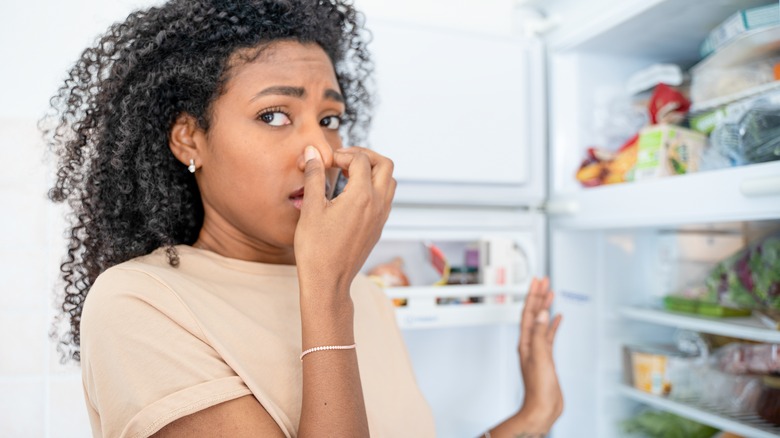 woman smells fridge odors