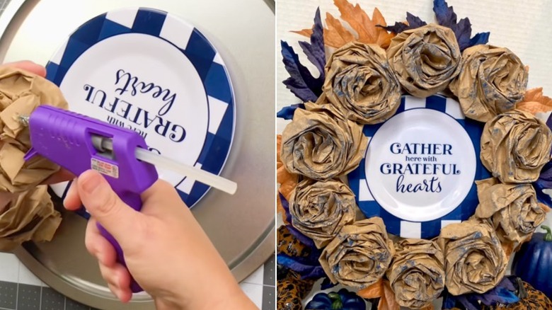 Hot-gluing paper bag roses to a Dollar Tree pizza pan and the finished wreath with paper bag roses, leaves, and a center plate.