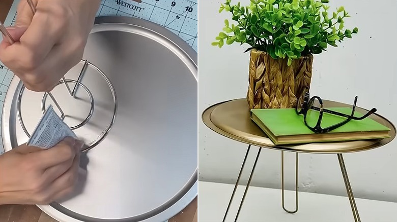 A person glues a paper towel holder onto a Dollar Tree pizza pan and a plant stand made from paper towel holders and a pizza pan spray painted gold.