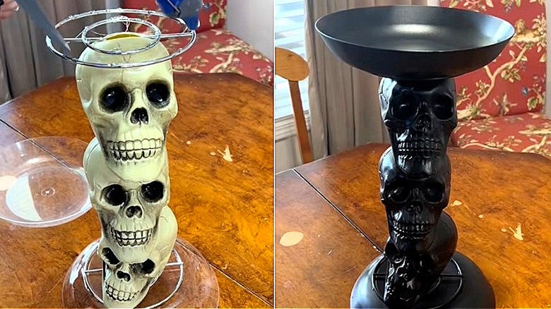 Split image of skulls placed on a paper towel holder, and the skull tower painted in black with a bowl attached on top
