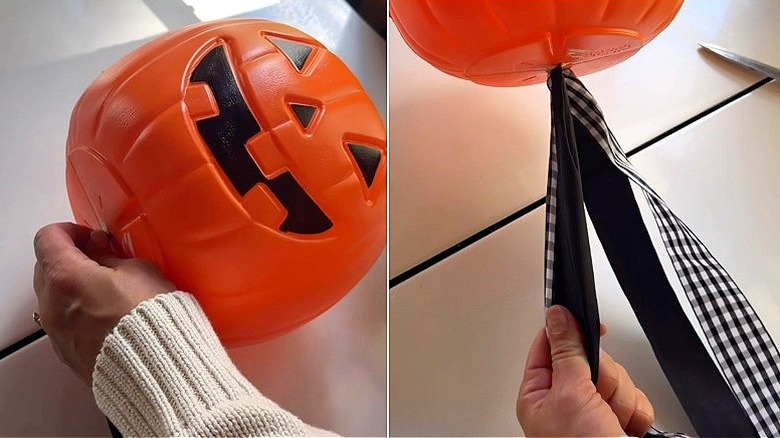 Split image of a person pulling ribbon through a plastic jack-o'-lantern pail, and a plastic pumpkin pail with ribbon tails