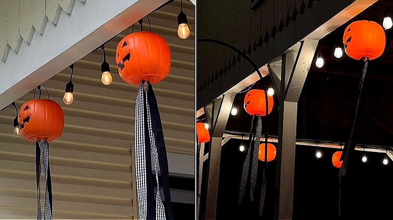 Split image of DIY hanging Halloween plastic pumpkins during the day and at night
