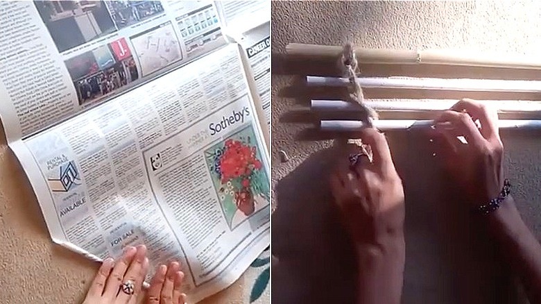 Split image of a person rolling a newspaper tube and adding rolled newspaper tubes to rope like a ladder