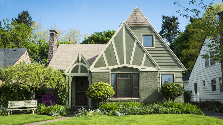 A Craftsman-style house surrounded by plants is painted sage green