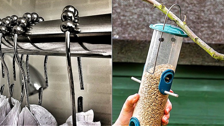 Split image of shower hooks on a shower curtain rod, and a bird feeder hanging outside from a tree