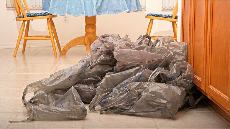 grocery bags on kitchen floor