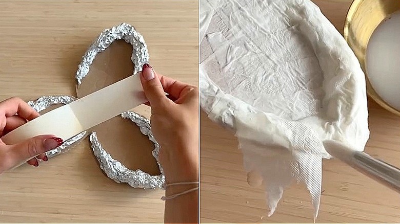Split image of a DIYer putting masking tape over cardboard and foil, and then applying toilet paper to cardboard using the paper-mache technique